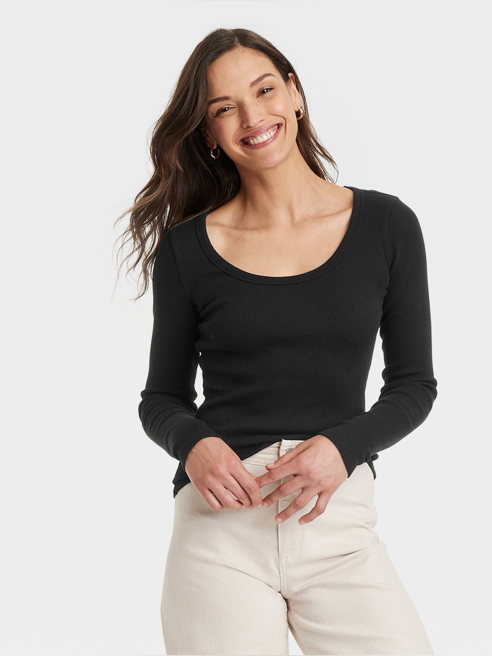 Universal Thread Women’s Black Ribbed Scoop Neck Long Sleeve Top Size M Cotton